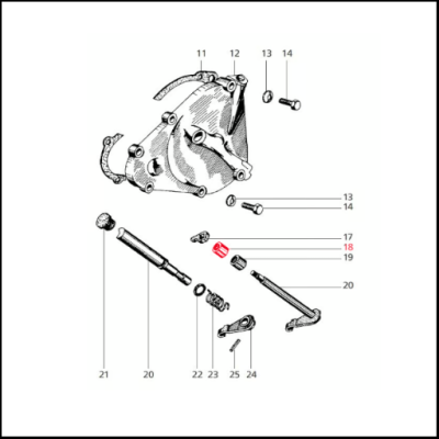 Desenho técnico de peças mecânicas numeradas em preto e branco