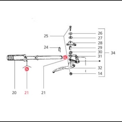 Diagrama técnico com componentes numerados de uma peça mecânica e alavanca
