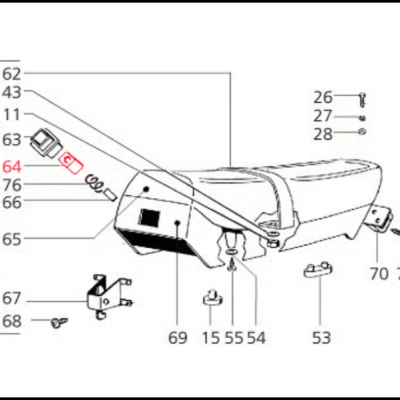 Diagrama técnico de assento de motocicleta com peças numeradas