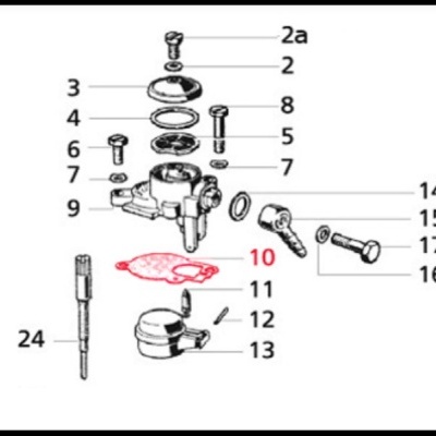Desenho esquemático de peças mecânicas numeradas com uma junta destacada a vermelho
