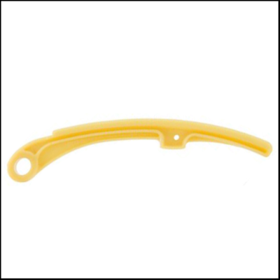 Ferramenta amarela de plástico curvada com orifício circular numa extremidade