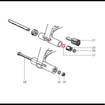 Desenho técnico esquemático de componentes mecânicos com números indicativos de peças