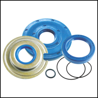 Conjunto com vedações azuis e anéis de borracha pretos sobre fundo branco