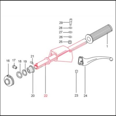 Diagrama técnico de peça mecânica com punho, manete e parafusos numerados.
