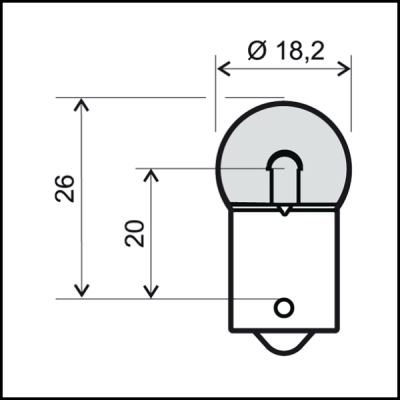 Desenho técnico em preto e branco de uma lâmpada com dimensões marcadas.