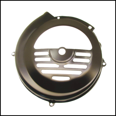 Proteção metálica circular preta com aberturas e orifícios de fixação