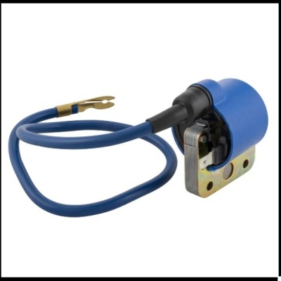 Bobina de ignição azul com cabo azul e conector metálico dourado