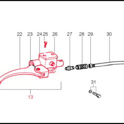 Diagrama técnico de peças de comando de moto com alavanca, cilindro mestre, mola e parafusos