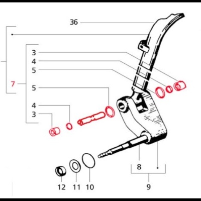 Desenho técnico de componente mecânico com partes numeradas e dimensão 36