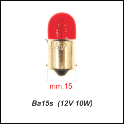 Lâmpada pequena vermelha com base metálica e texto técnico