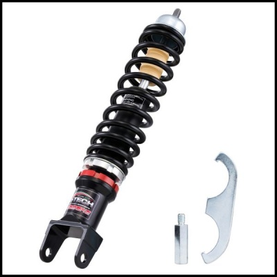 Amortecedor de suspensão automóvel com mola preta e peças metálicas ao lado