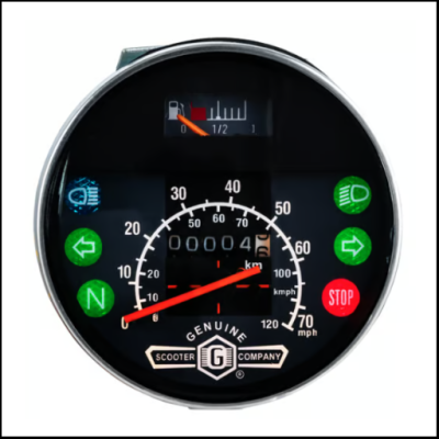 Velocímetro redondo preto com indicadores e logótipo de scooter