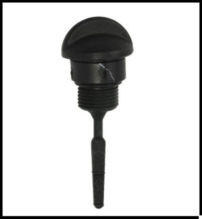 Tampão plástico preto com rosca e haste estreita.