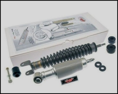 Conjunto de peças para amortecedor com molas pretas e amortecedores cinza sobre fundo branco