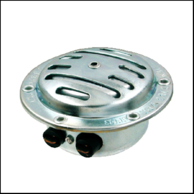 Campainha metálica redonda prateada com conectores pretos na base