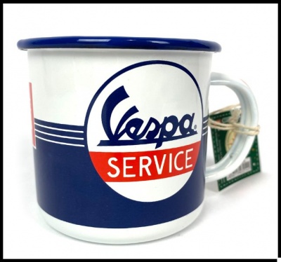 Caneca esmaltada branca e azul com texto Vespa SERVICE em vermelho e azul