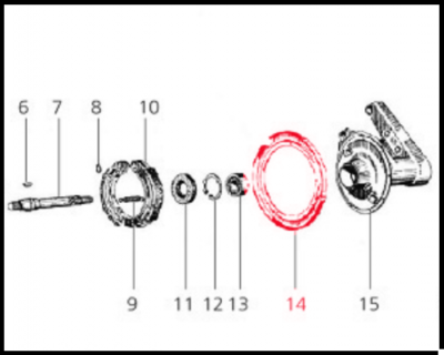 Diagrama técnico de peças mecânicas numeradas, com destaque vermelho na peça 14