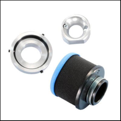 Conjunto de filtro de espuma preta com borda azul e componentes metálicos circulares prateados