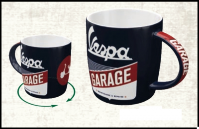 Duas canecas com design vintage Vespa GARAGE em preto, vermelho e branco