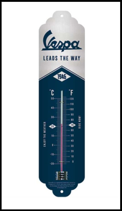 Termómetro vintage azul e branco da marca Vespa com escala Celsius e Fahrenheit