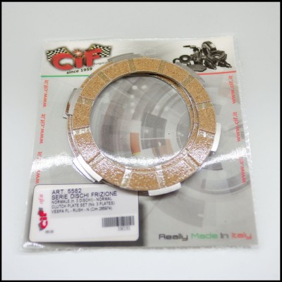 Disco de embraiagem metálico com segmentos dourados em embalagem transparente etiquetada