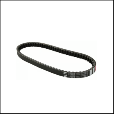 Correia dentada preta com dentes internos e texto branco impresso