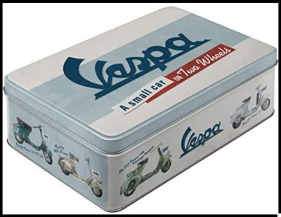 Caixa metálica retangular Vespa com ilustrações e texto em cinza e azul