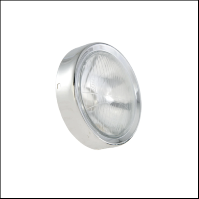 Farol redondo com aro cromado e vidro texturizado