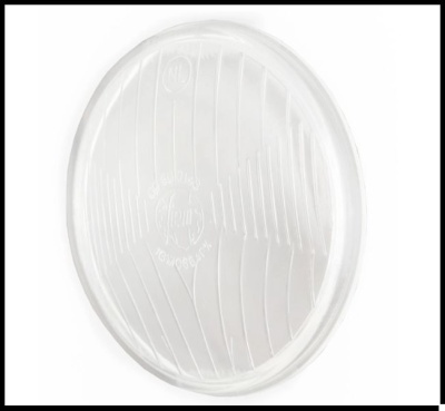 Lente redonda transparente para farol com textura de linhas verticais e texto em relevo