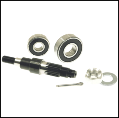 Conjunto de componentes mecânicos em metal com rolamentos, eixo, porca e anilha