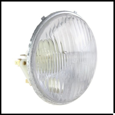 Farol redondo de vidro transparente com padrão riscado e suporte branco