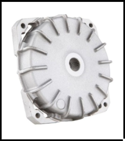 Peça metálica circular prateada com furo dentado central e oito saliências radiais