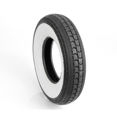 Pneu com banda de rodagem preta e lateral branca em fundo branco