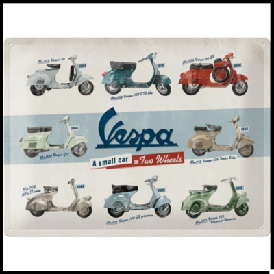 Quadro metálico com várias ilustrações de scooters Vespa coloridas e texto informativo
