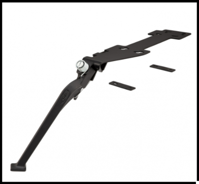 Pé de apoio lateral para bicicleta em metal preto com parafuso de ajuste prateado