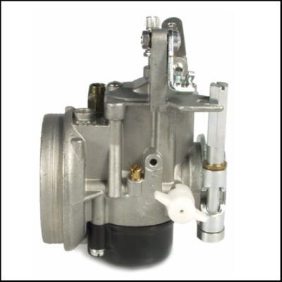 Carburador metálico prateado com detalhes em plástico branco e preto