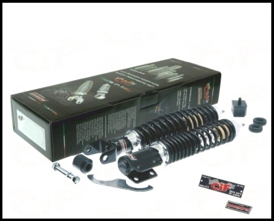 Conjunto de amortecedores para motocicleta com molas pretas e partes metálicas cromadas