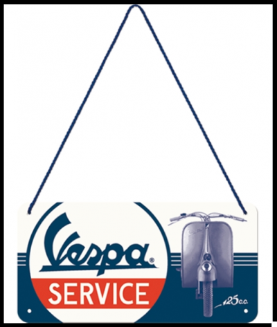 Placa metálica Vespa SERVICE com scooter e cordão azul