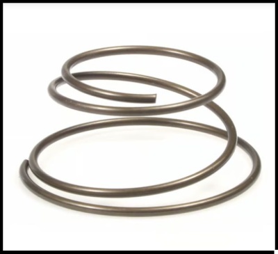 Mola metálica espiral cónica de cor escura em fundo branco