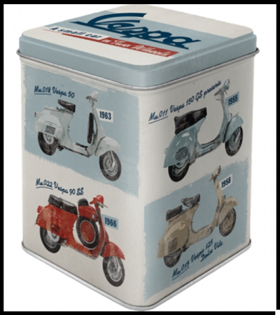 Lata metálica decorativa com imagens de motos Vespa antigas e texto Vespa no topo