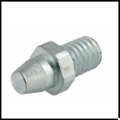 Parafuso de metal prateado com cabeça hexagonal e ponta arredondada