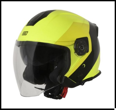 Capacete de motociclista aberto amarelo fluorescente com detalhes pretos e viseira transparente