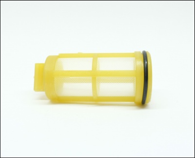 Filtro amarelo de plástico com malha e anel de vedação preto