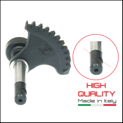 Peça mecânica metálica cinza e prateada com dentes e texto 'MADE ITALY', selo 'HIGH QUALITY Made in Italy' com bandeira italiana