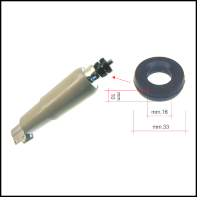 Componente cilíndrico cinza com anel de borracha preto e medidas