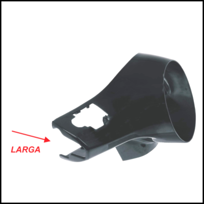 Peça de plástico preta com texto LARGA e seta vermelha