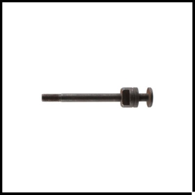 Parafuso metálico cinzento-escuro com porca e cabeça arredondada.