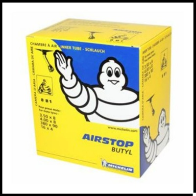 Embalagem amarela e azul AIRSTOP BUTYL Michelin com mascote Michelin e texto