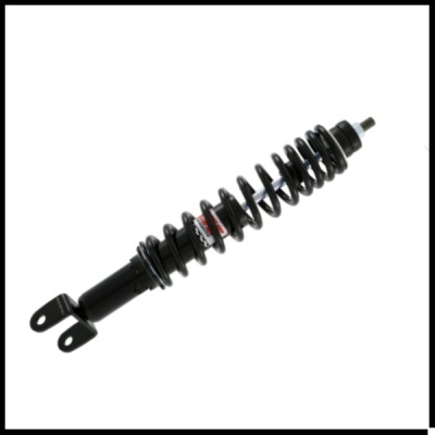 Amortecedor preto com mola helicoidal e adesivo vermelho e branco