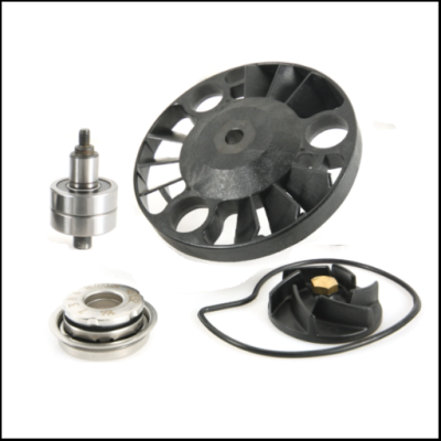 Conjunto de peças mecânicas em metal e plástico preto com junta de borracha